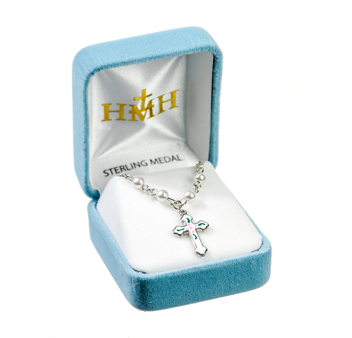 Sterling Silver Epoxy Cross Necklace Adorned with 4mm White Crystals by Swarovski® Austrian Crystal Pearl Beads