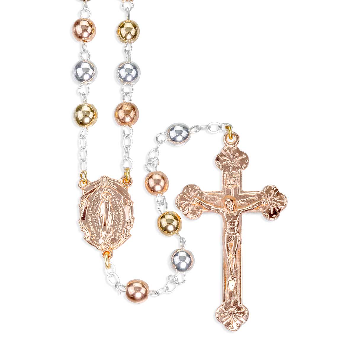 Gold, Copper & Silver Plated Brass Bead Rosary W/ Copper Plate Over Pewter Ctr & Cfx