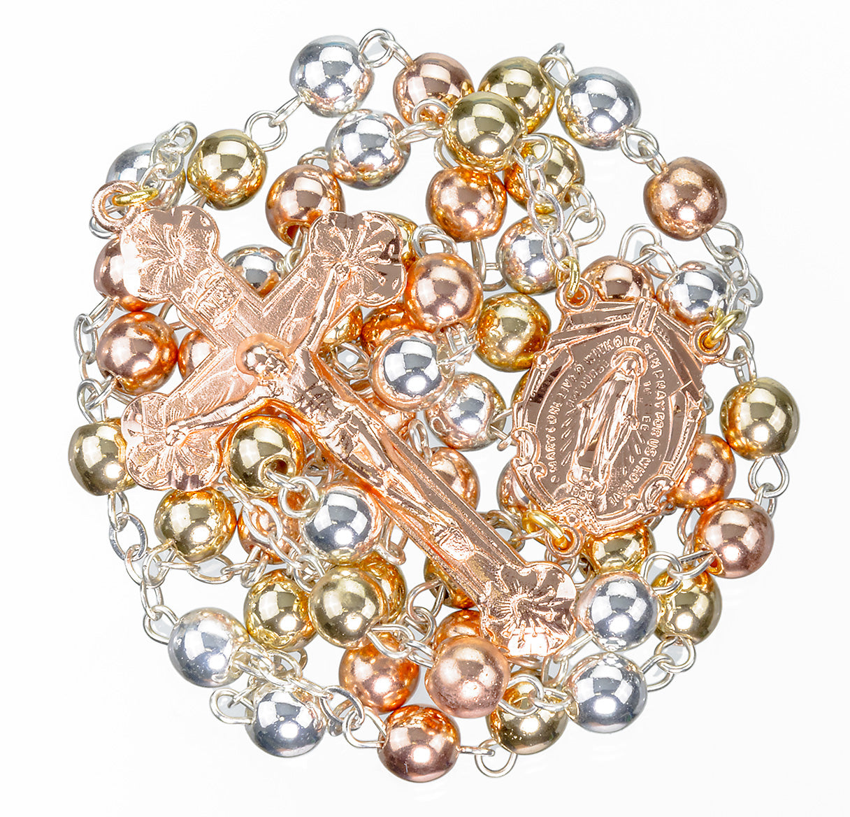 Gold, Copper & Silver Plated Brass Bead Rosary W/ Copper Plate Over Pewter Ctr & Cfx