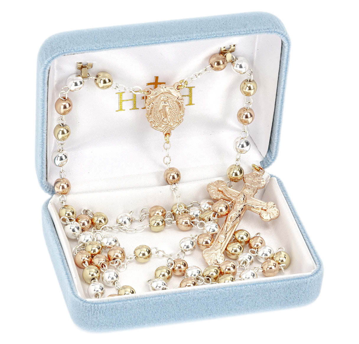 Gold, Copper & Silver Plated Brass Bead Rosary W/ Copper Plate Over Pewter Ctr & Cfx