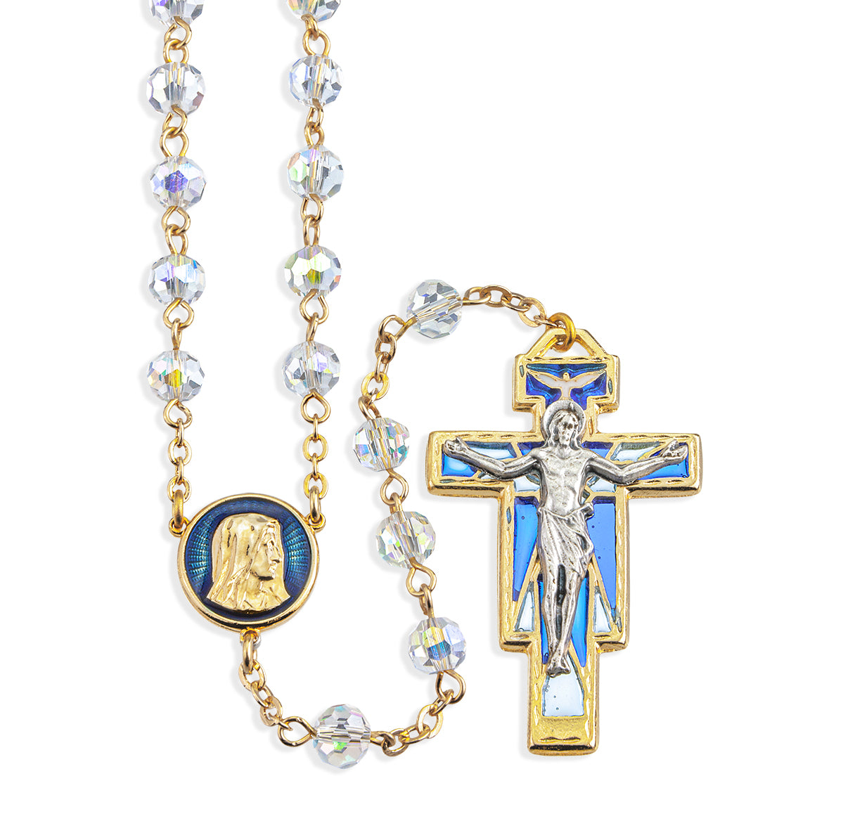 6mm Round Crystal Bead Gold Plated Rosary with a Pewter Ctr & Cfx (363GB, 661B)-Bxd