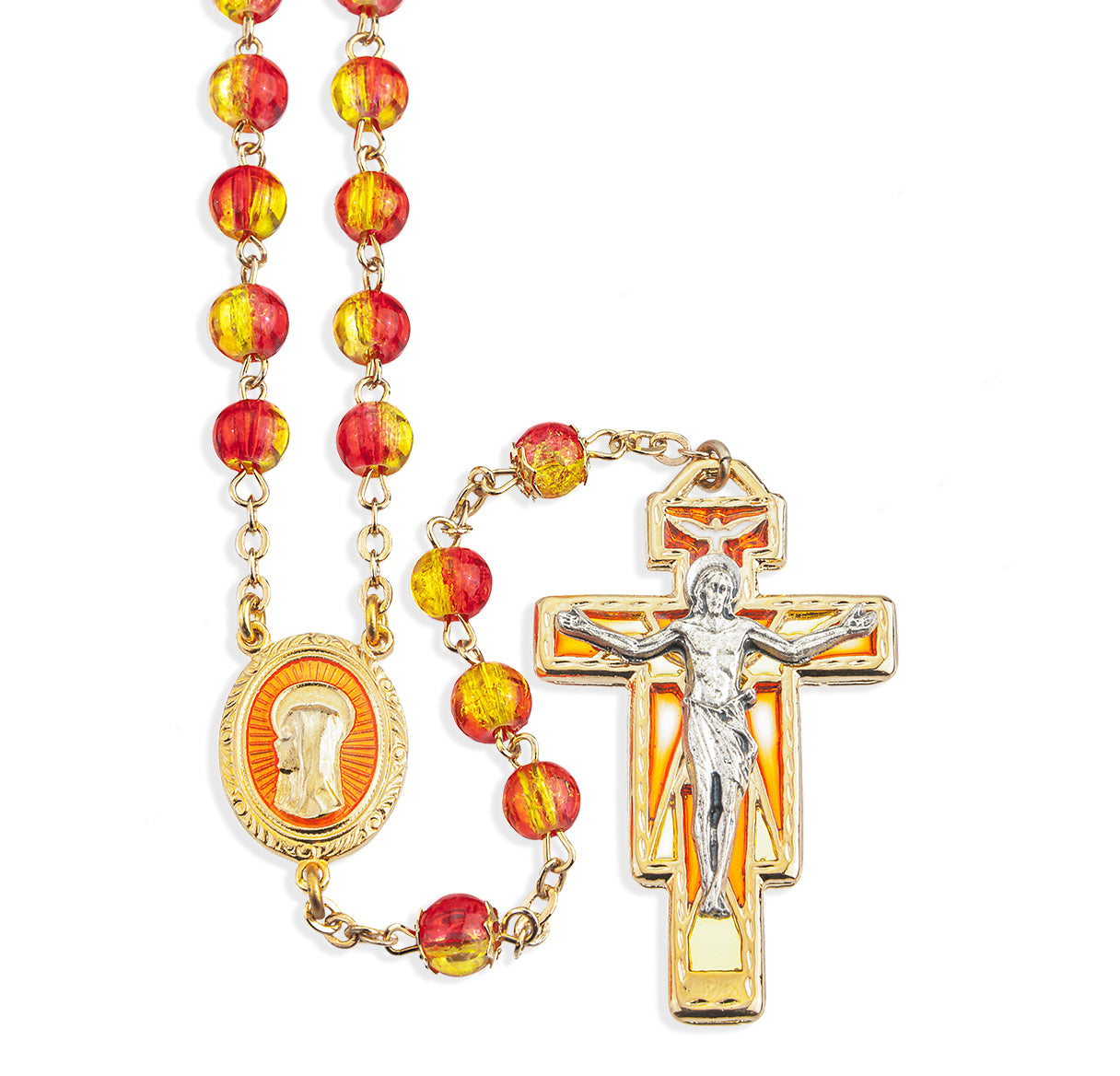 Gold and Red Crackle 6mm Crackle Bead Gold Plated Pewter Rosary w/Ctr & Cfx (661OE, 368OE)-Bxd