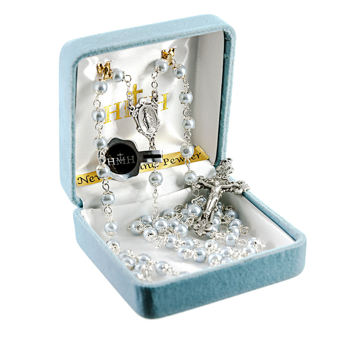 Light Blue Imitation Pearl Double Capped New England Pewter Rosary
