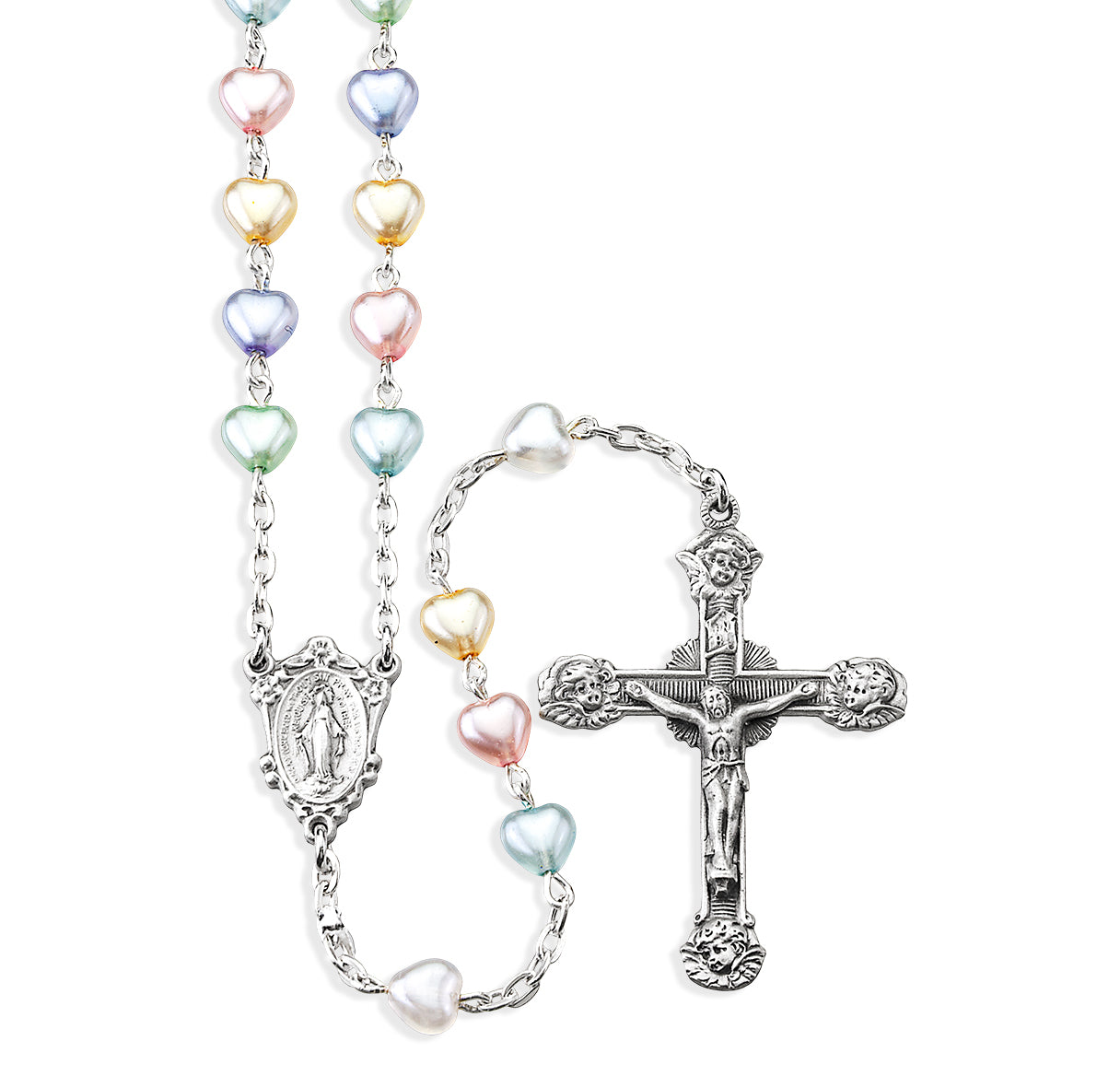 6mm Multi Colored Heart Shape Pearlized Glass Rosary  w/Pewter Ctr & Cfx-(P88/P113)-Bxd