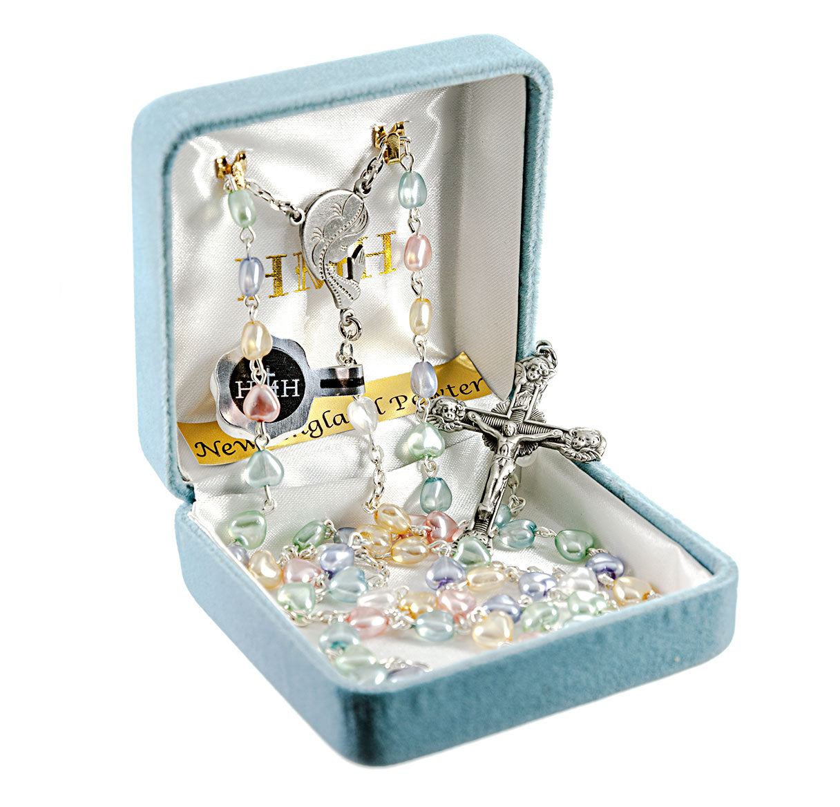 6mm Multi Colored Heart Shape Pearlized Glass Rosary  w/Pewter Ctr & Cfx-(P88/P113)-Bxd