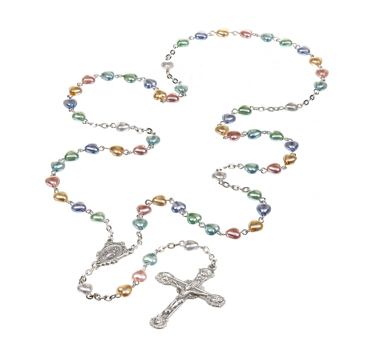6mm Multi Colored Heart Shape Pearlized Glass Rosary  w/Pewter Ctr & Cfx-(P88/P113)-Bxd