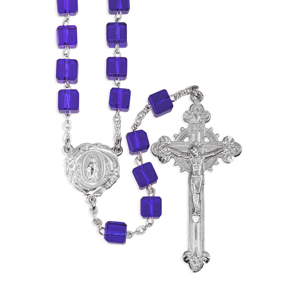 8mm Czech Colbalt Blue Crystal Cube Rosary W/ Pewter Silver Plated Engraved Ctr & Cfx-(P28109B/P167B)-Bxd