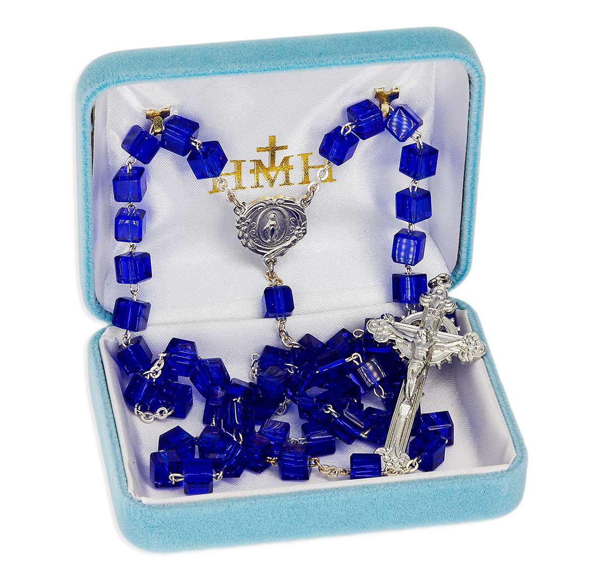 8mm Czech Colbalt Blue Crystal Cube Rosary W/ Pewter Silver Plated Engraved Ctr & Cfx-(P28109B/P167B)-Bxd
