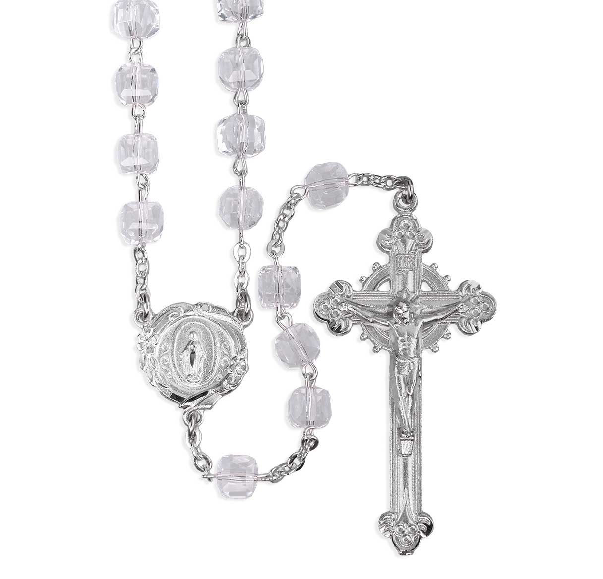 8mm Czech Crystal Cube Rosary W/ Pewter Silver Plated Engraved Ctr & Cfx-(P28109B/P167B)-Bxd