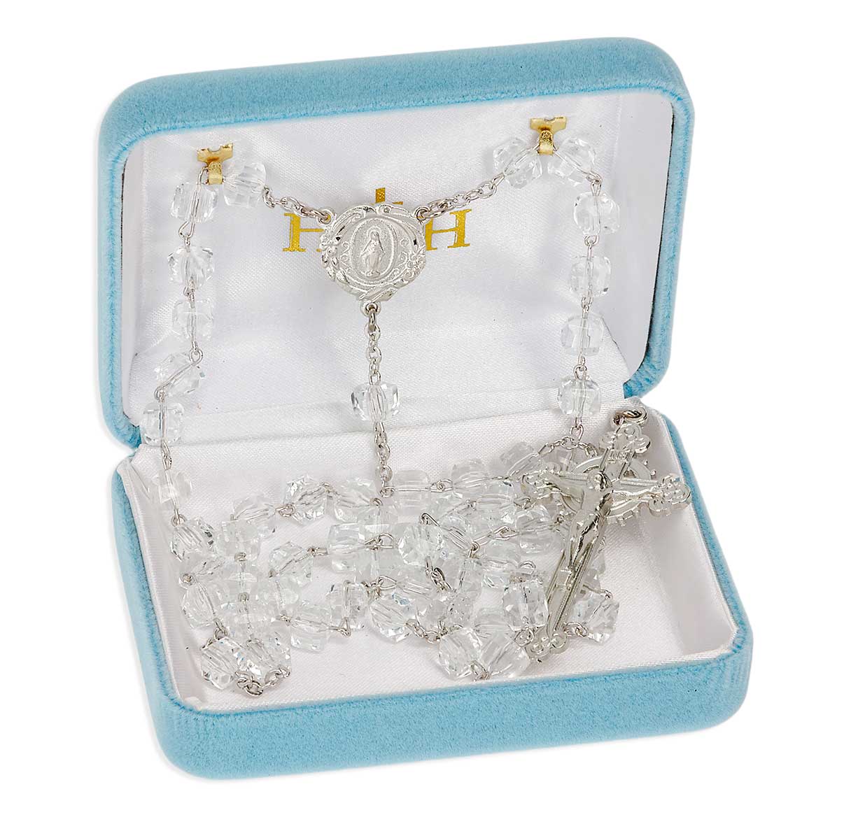 8mm Czech Crystal Cube Rosary W/ Pewter Silver Plated Engraved Ctr & Cfx-(P28109B/P167B)-Bxd