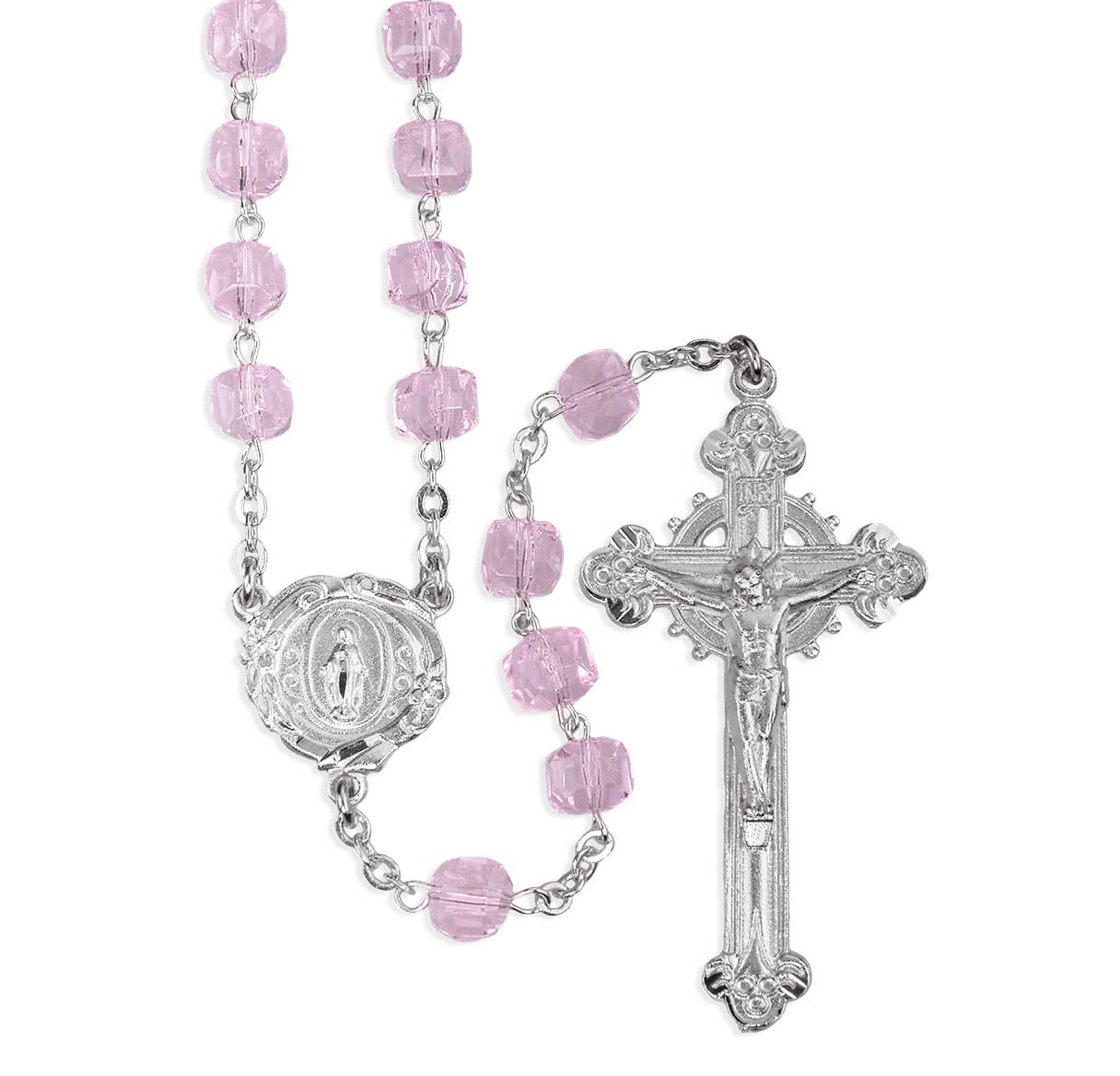 8mm Czech Light Rose Crystal Cube Rosary W/ Pewter Silver Plated Engraved Ctr & Cfx-(P28109B/P167B)-Bxd