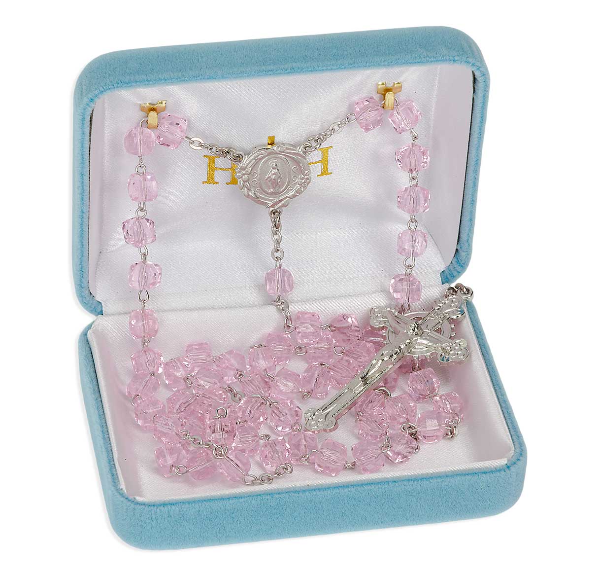 8mm Czech Light Rose Crystal Cube Rosary W/ Pewter Silver Plated Engraved Ctr & Cfx-(P28109B/P167B)-Bxd