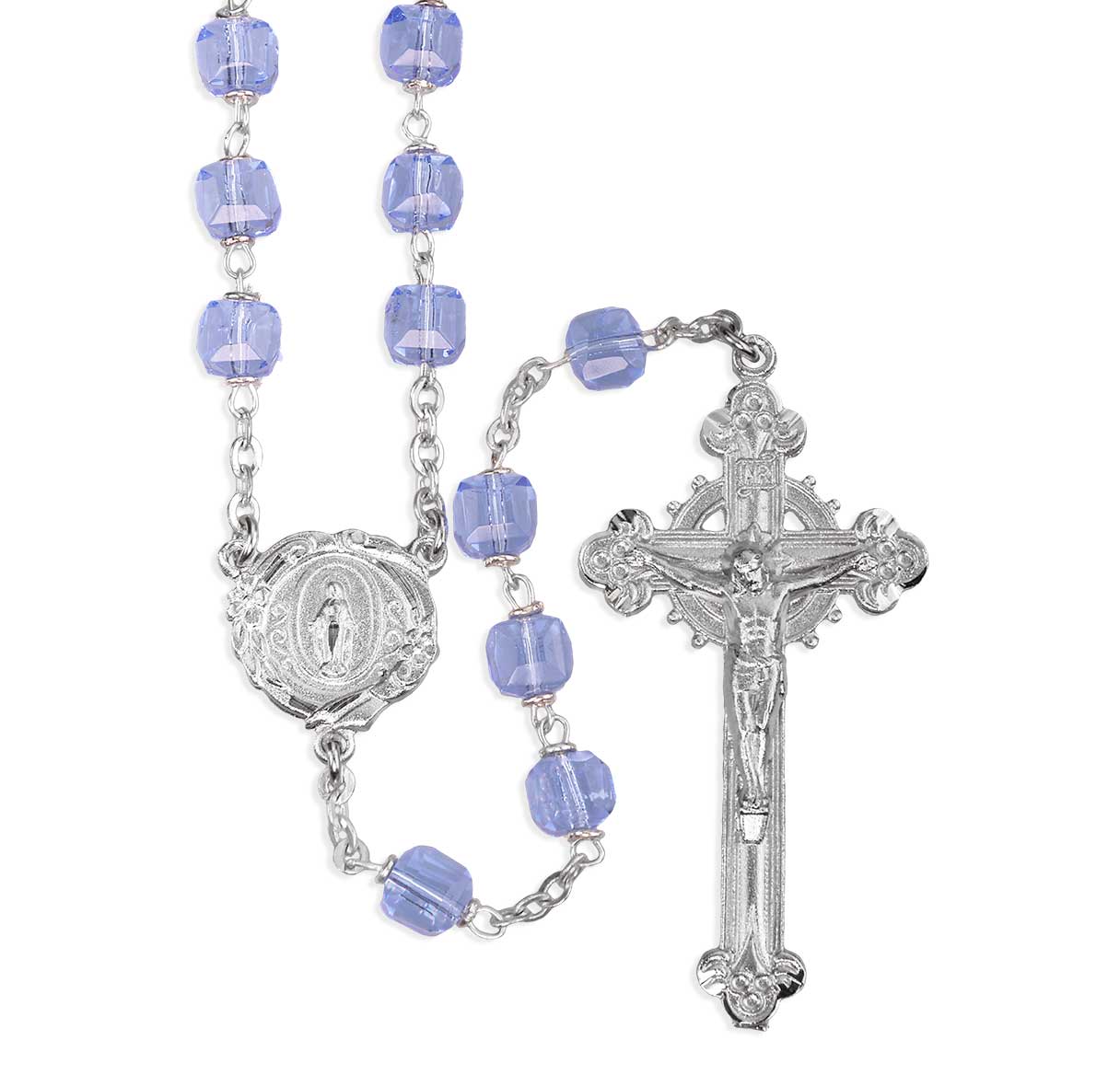 8mm Czech Light Sapphire Crystal Cube Rosary W/ Pewter Silver Plated Engraved Ctr & Cfx-(P28109B/P167B)-Bxd