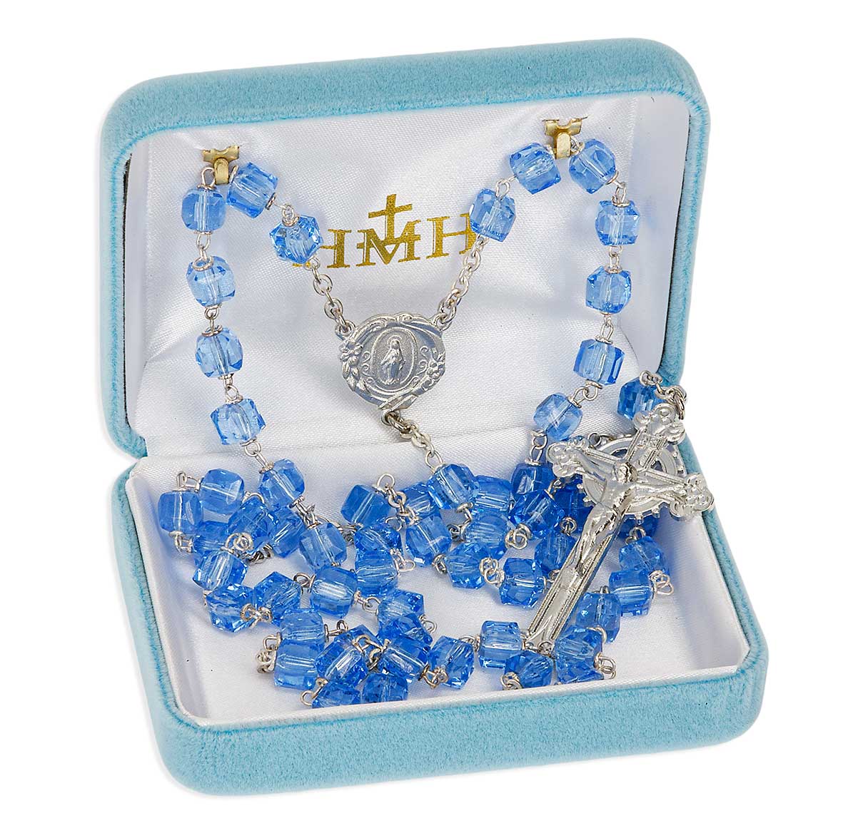 8mm Czech Light Sapphire Crystal Cube Rosary W/ Pewter Silver Plated Engraved Ctr & Cfx-(P28109B/P167B)-Bxd