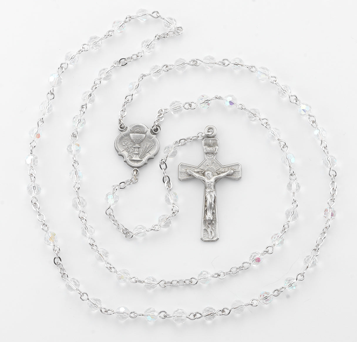 5mm Round Crystal Bead New England Pewter Rosary with Center and Crucifix (385/3855)-Bxd