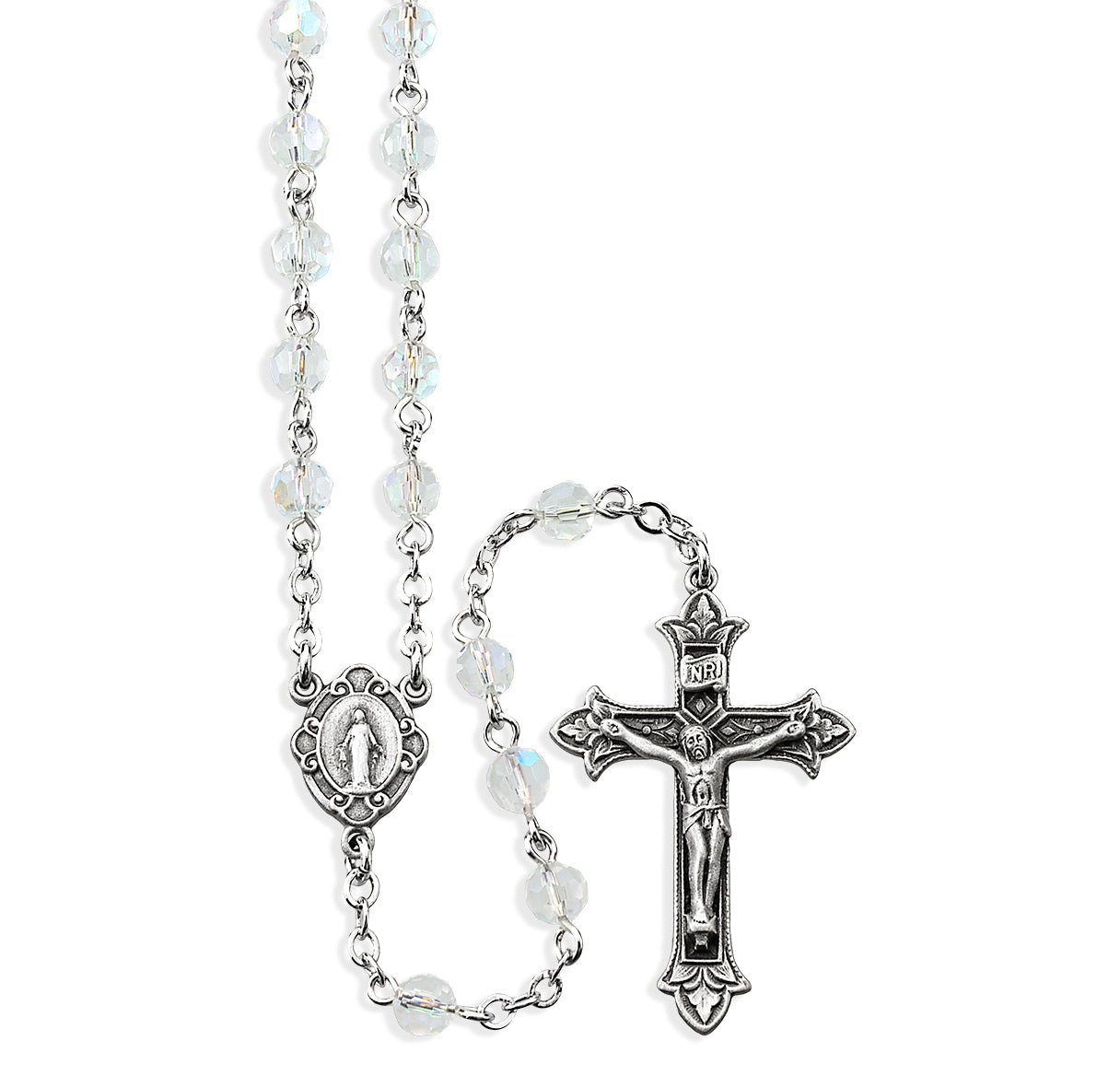 5mm Round Crystal (AB) New England pewter rosary with center and crucifix (16/3864)-Bxd