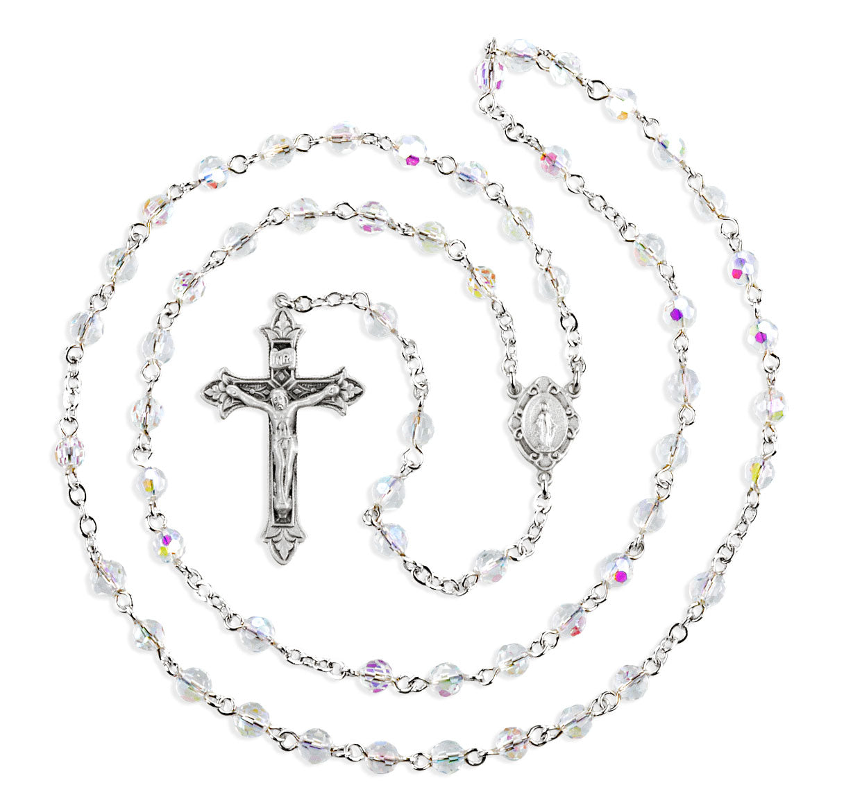 5mm Round Crystal (AB) New England pewter rosary with center and crucifix (16/3864)-Bxd