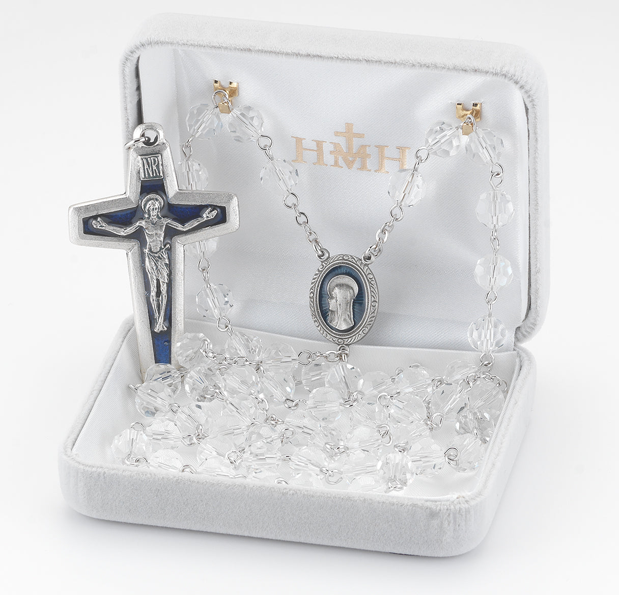 8mm Crystal New England pewter rosary with a blue epoxy center and crucifix (368DB/22010BL)-Bxd