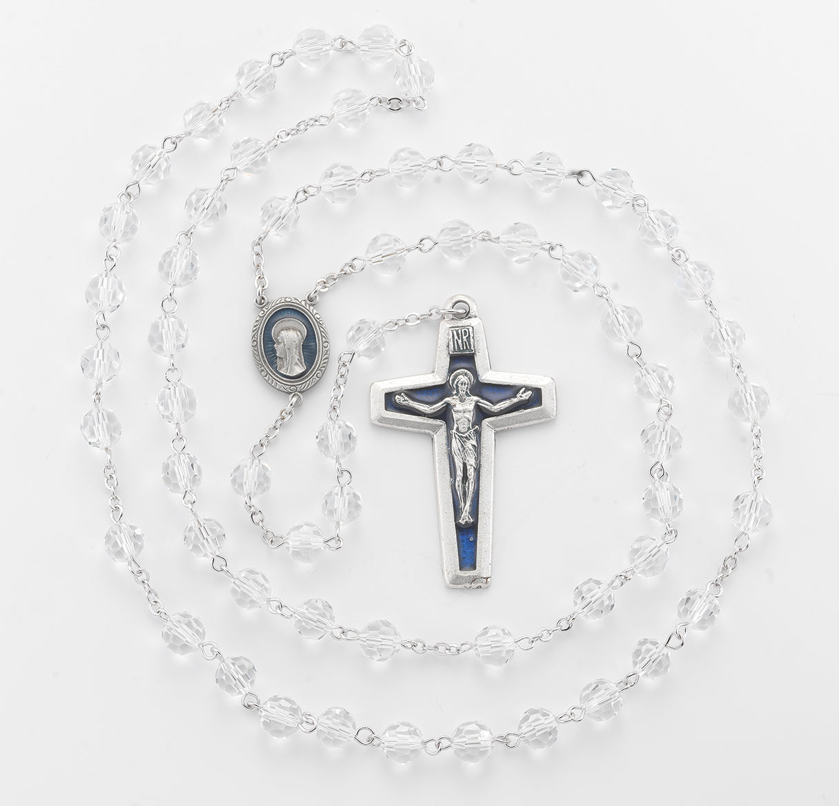 8mm Crystal New England pewter rosary with a blue epoxy center and crucifix (368DB/22010BL)-Bxd