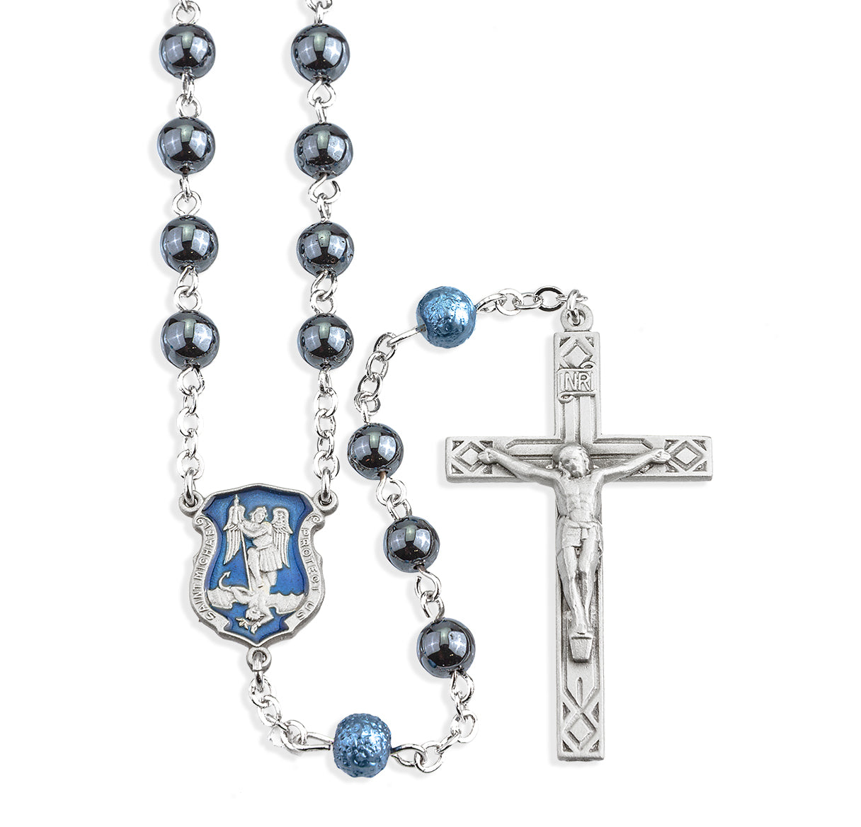 Police St Michael 6mm Hematite Bead Rosary With Genuine Pewter Cfx & Ctr-Bxd (P604BL/P129)