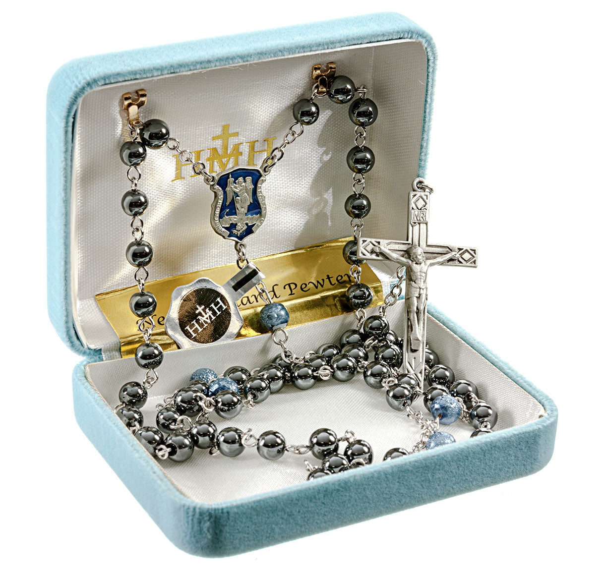 Police St Michael 6mm Hematite Bead Rosary With Genuine Pewter Cfx & Ctr-Bxd (P604BL/P129)