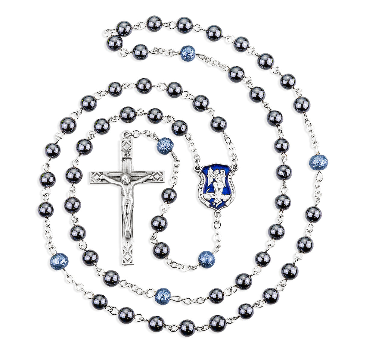 Police St Michael 6mm Hematite Bead Rosary With Genuine Pewter Cfx & Ctr-Bxd (P604BL/P129)