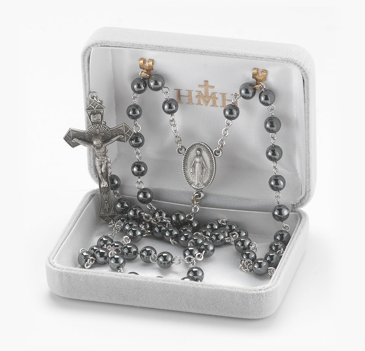 6mm Hematite Bead with New England Pewter Crucifix and Center