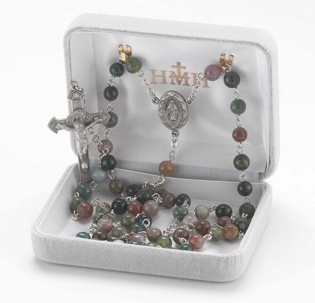 6mm India Agate Gemstone Bead Rosary made with Genuine Pewter Crucifix and Center