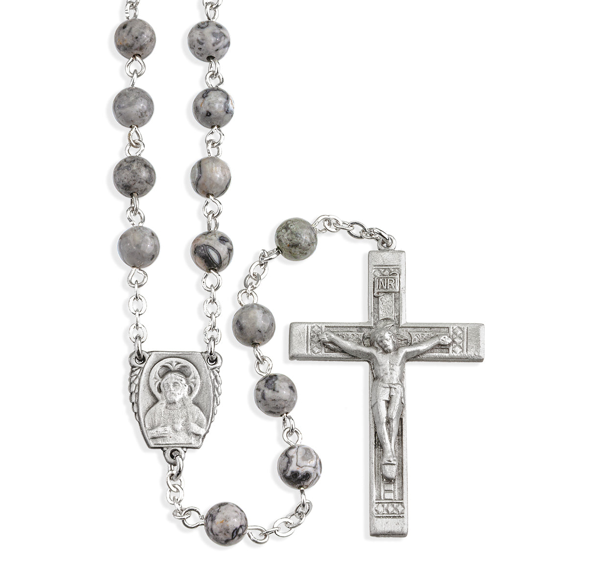 6mm Genuine Lime Gemstone Bead with New England Pewter Crucifix and Center