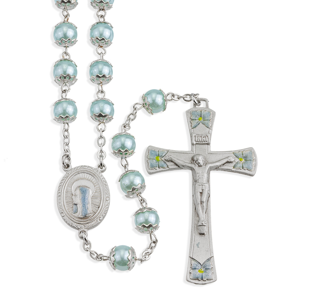 8mm Round Blue Glass Capped Bead with New England Pewter Blue Epoxy Center & Crucifix