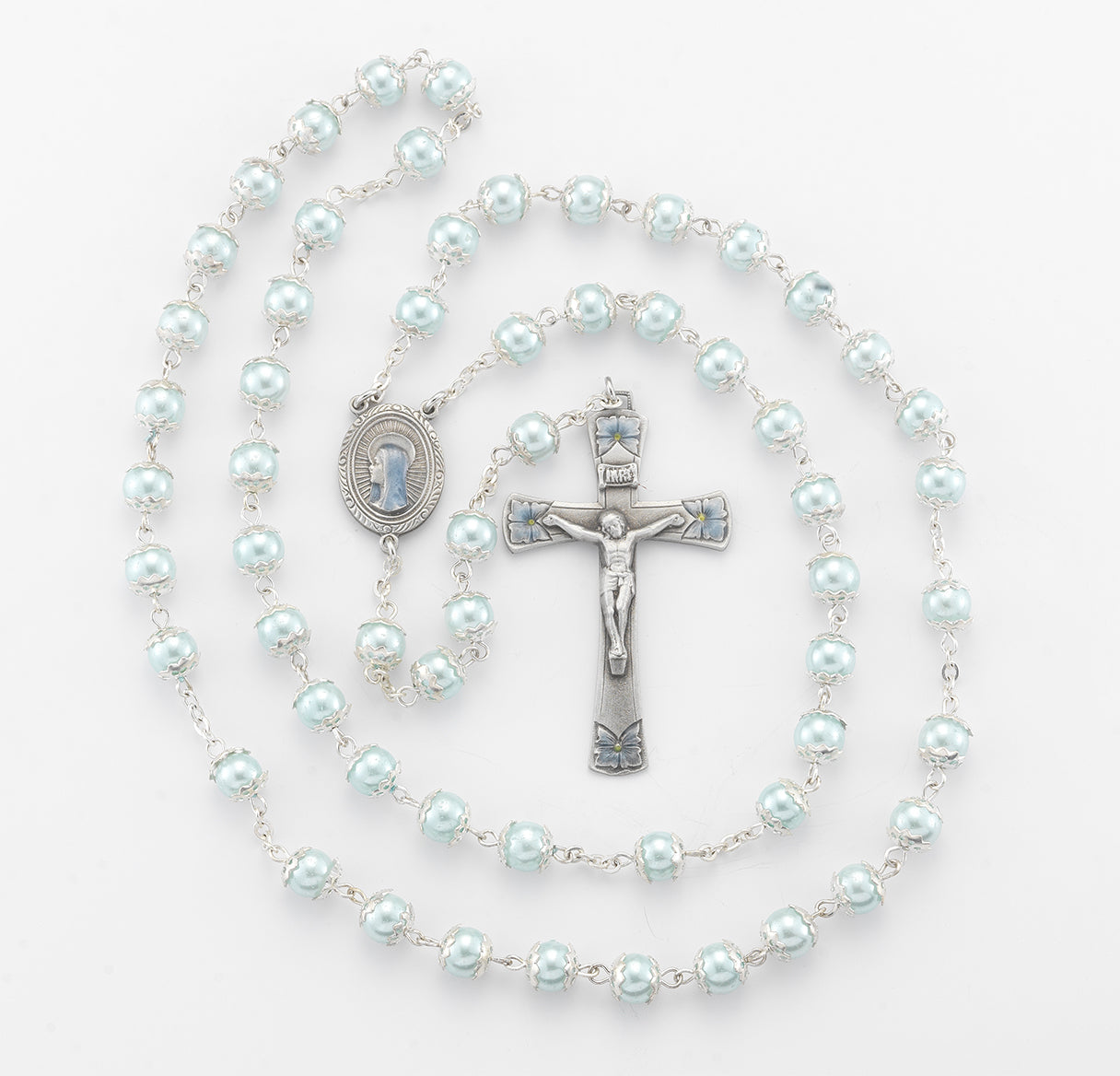 8mm Round Blue Glass Capped Bead with New England Pewter Blue Epoxy Center & Crucifix