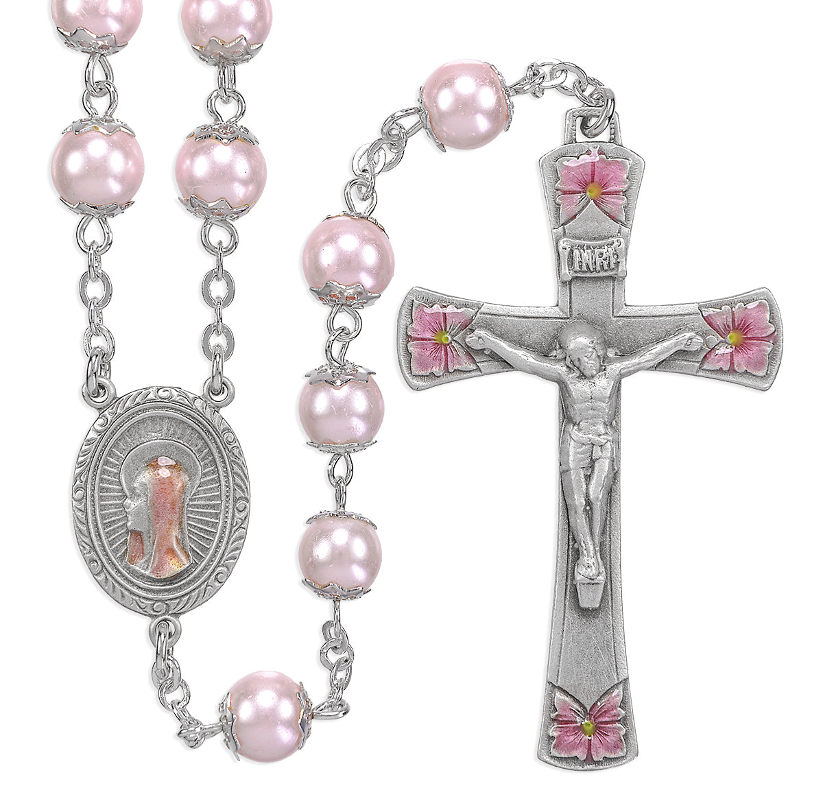 8mm Round Pink Glass Capped Bead with New England Pewter Pink Epoxy Center & Crucifix