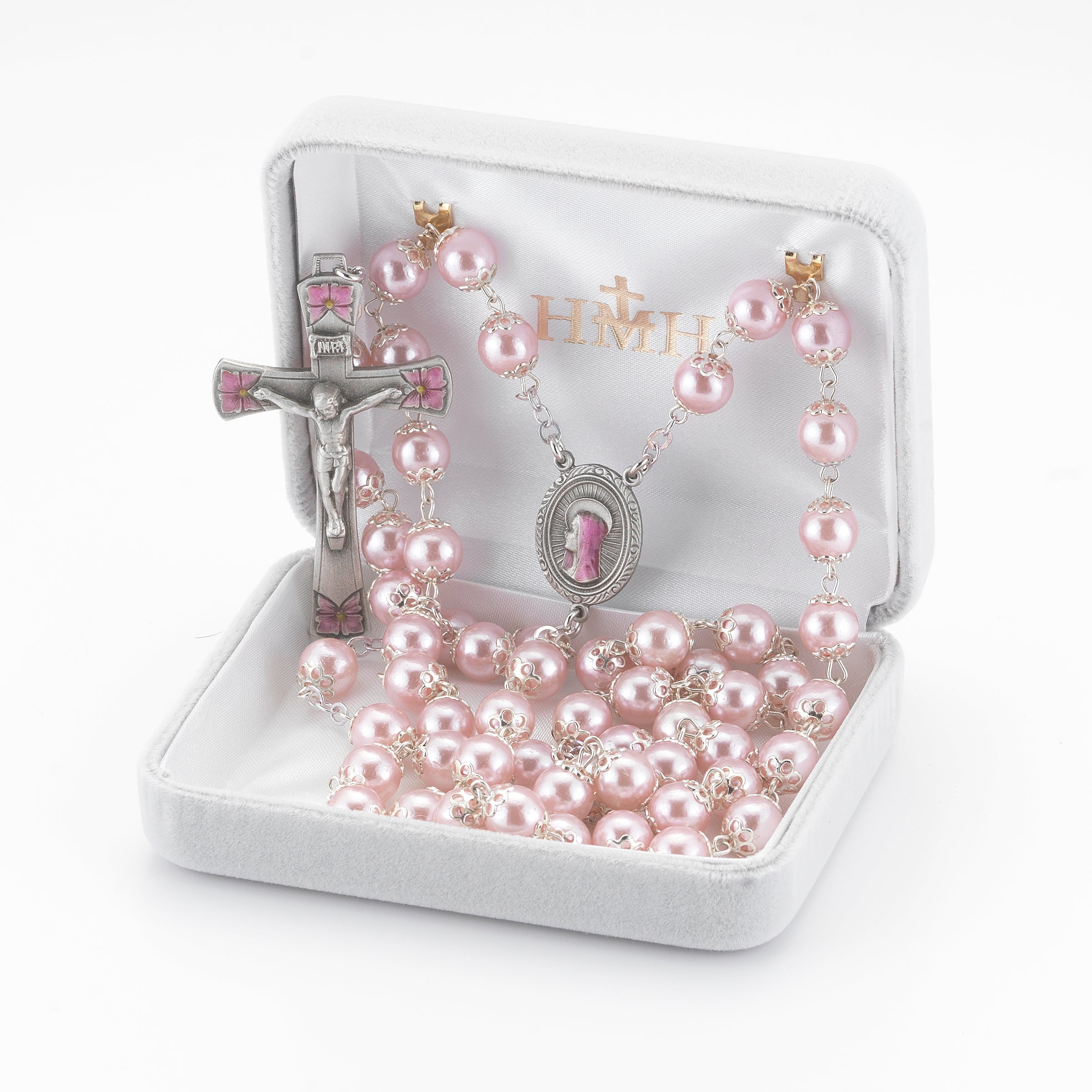 8mm Round Pink Glass Capped Bead with New England Pewter Pink Epoxy Center & Crucifix
