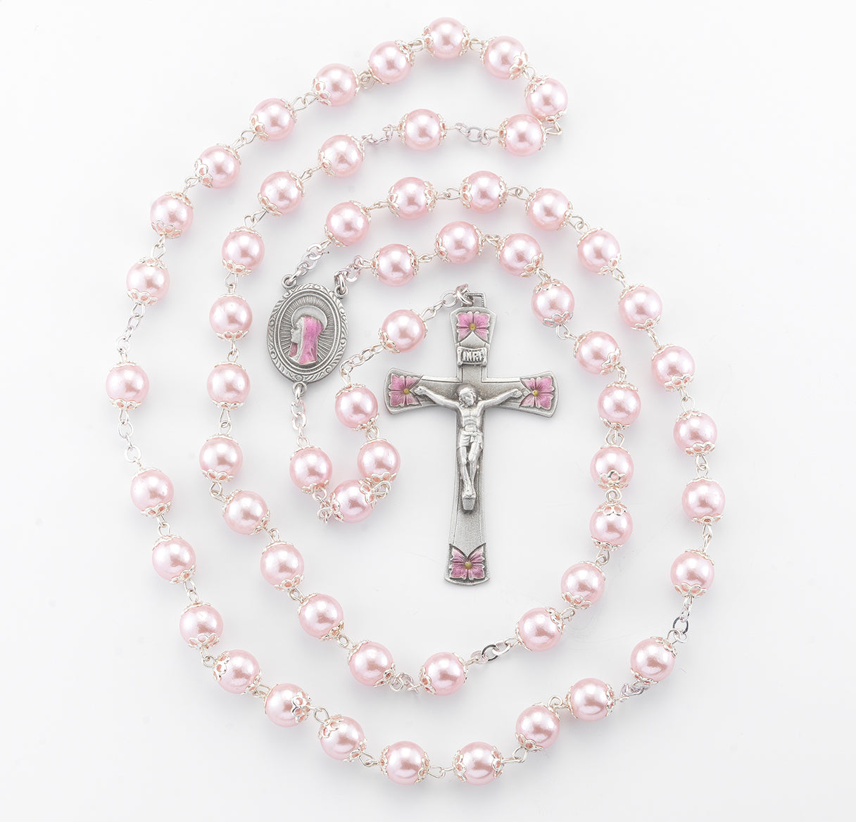 8mm Round Pink Glass Capped Bead with New England Pewter Pink Epoxy Center & Crucifix