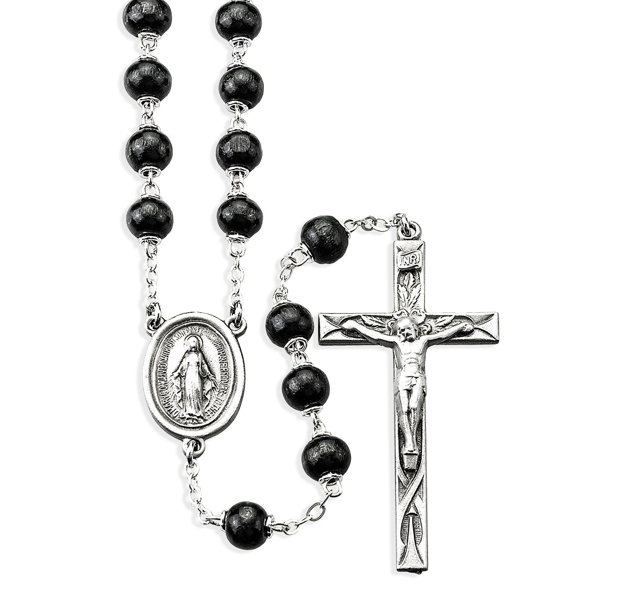 6mm Black Round Boxwood bead New England pewter rosary with center and crucifix (30/162)-Bxd