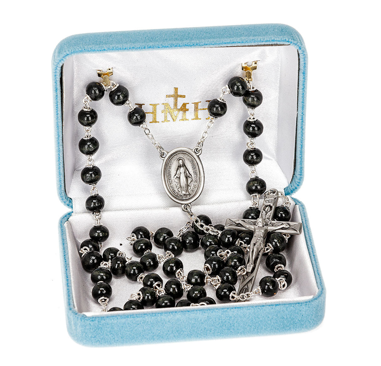 6mm Black Round Boxwood bead New England pewter rosary with center and crucifix (30/162)-Bxd