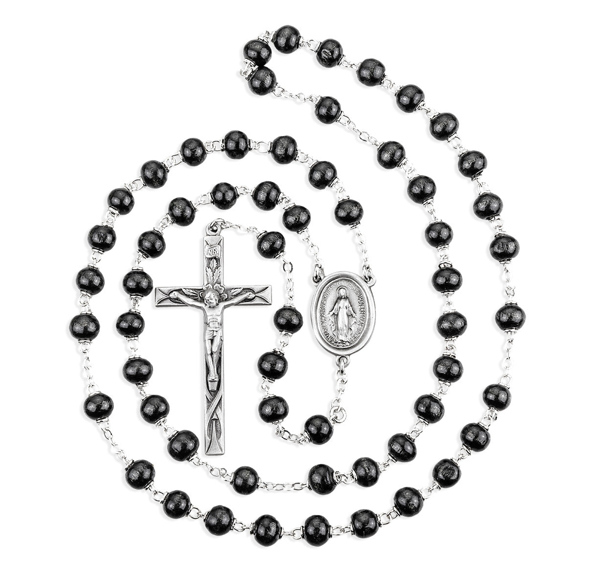 6mm Black Round Boxwood bead New England pewter rosary with center and crucifix (30/162)-Bxd
