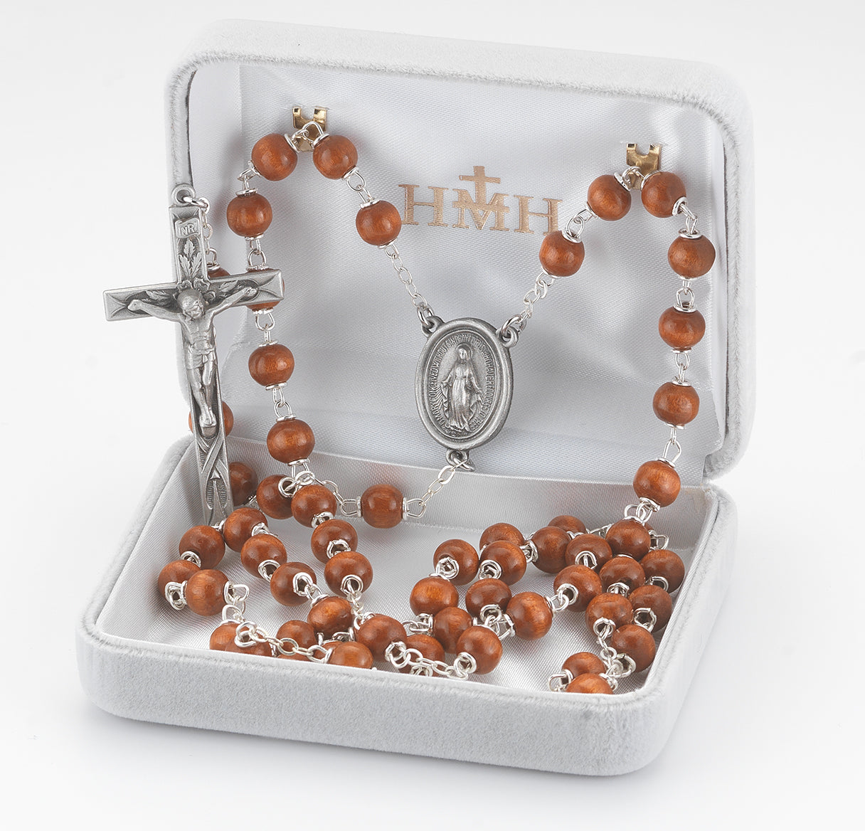6mm Brown Oval Wood Bead Rosary with Pewter Crucifix and Center