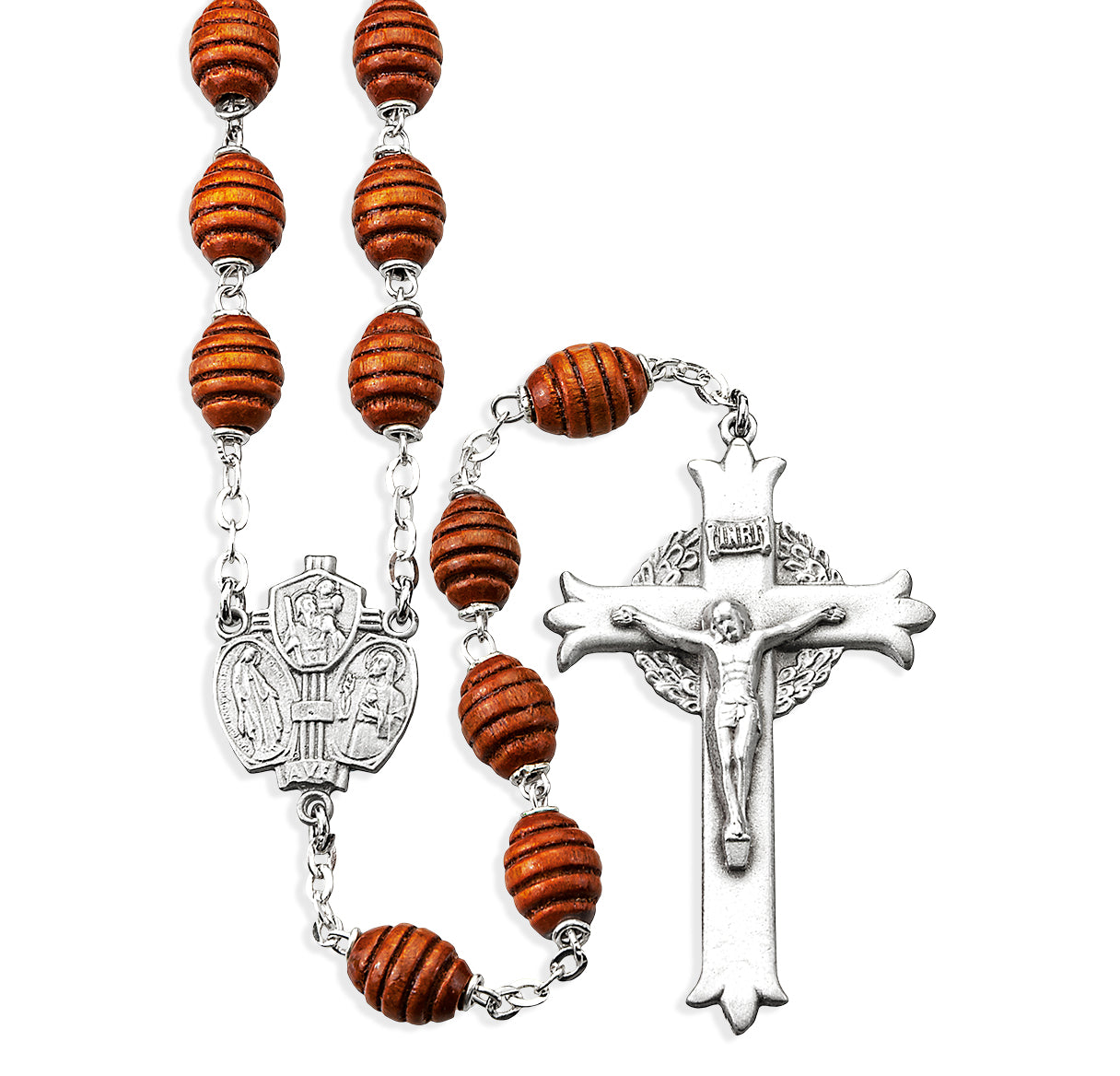 7mm x 9mm Brown Beehive Boxwood Bead New England pewter rosary with center and crucifix (34/141)-Bxd