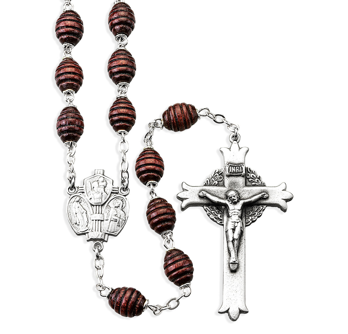 7mm x 9mm Maroon Beehive Boxwood Bead New England pewter rosary with center and crucifix (34/141)-Bxd