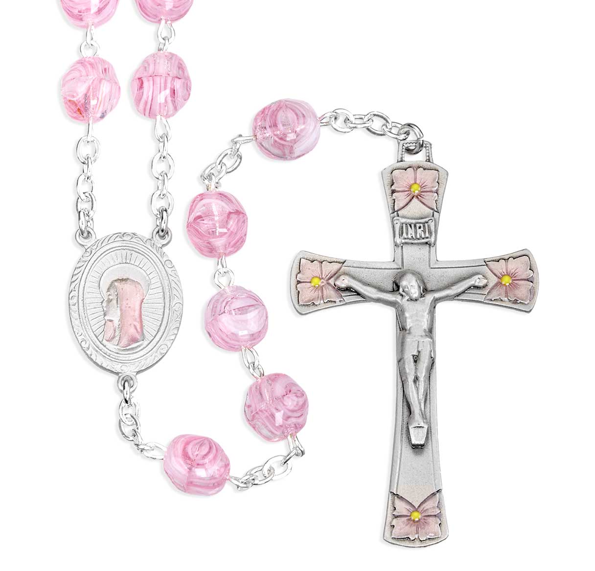 Pink & Rose Glass 8mm Swirl Bead W/ Pink Epoxy Pewter Ctr & Cfx