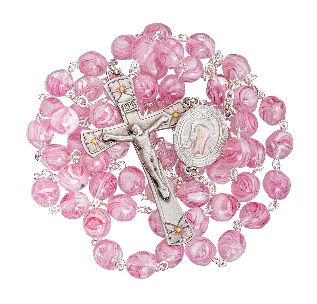 Pink & Rose Glass 8mm Swirl Bead W/ Pink Epoxy Pewter Ctr & Cfx