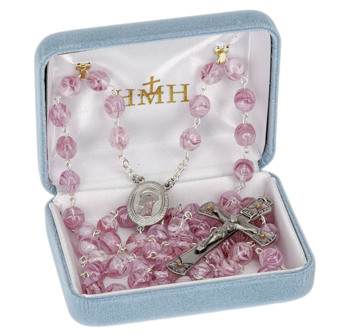 Pink & Rose Glass 8mm Swirl Bead W/ Pink Epoxy Pewter Ctr & Cfx