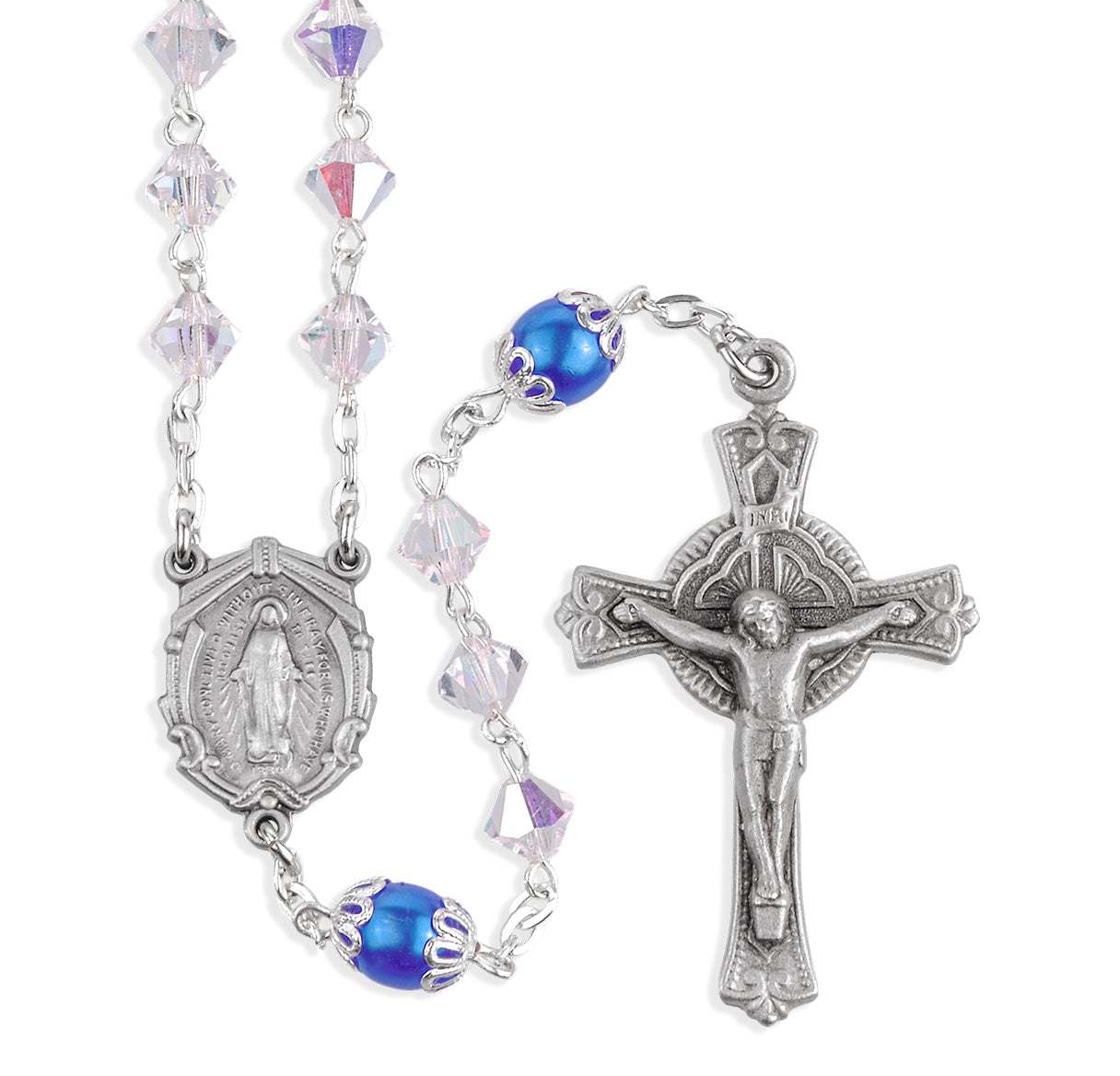 6mm Czech Crystal Bicone Beads W/ Capped Round Blue O.F Beads & Pewter Center & Crucifix-(P28113/P172)-Bxd