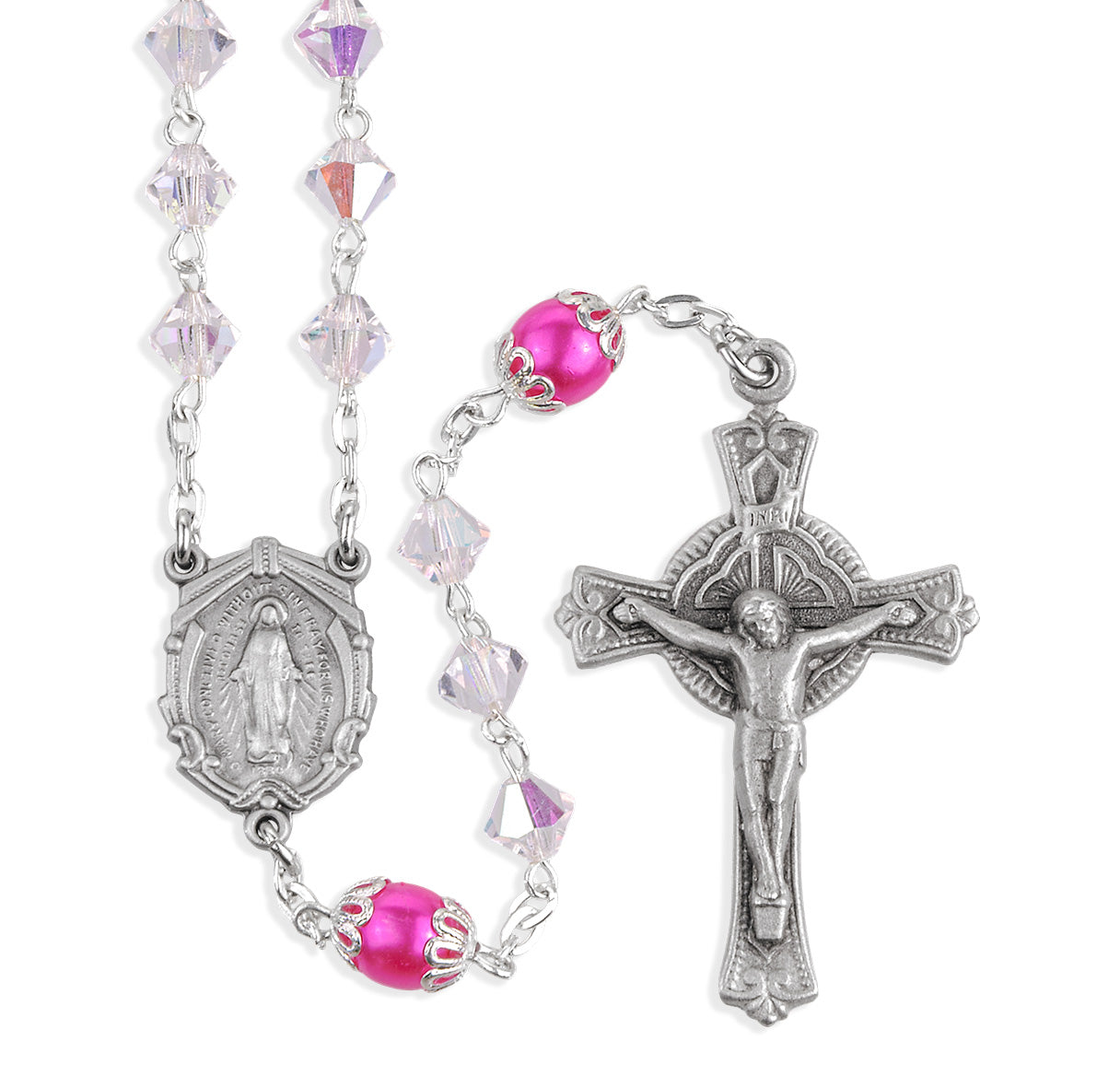 6mm Czech Crystal Bicone Beads W/ Capped Round Rose O.F Beads & Pewter Center & Crucifix-(P28113/P172)-Bxd