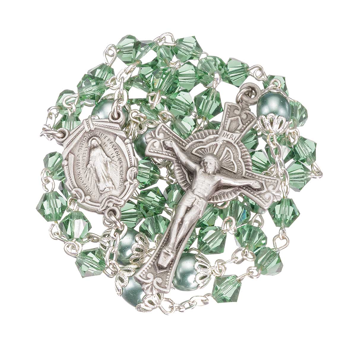 6mm Czech Bicone Crystal Erinite Beads W/ Capped Round O.F Beads & Pewter Center & Crucifix