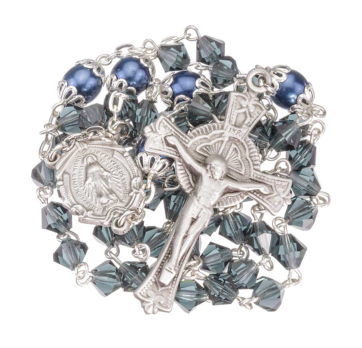 6mm Czech Crystal Bicone Midnight Blue Beads W/ Capped Round O.F Beads & Pewter Center & Crucifix