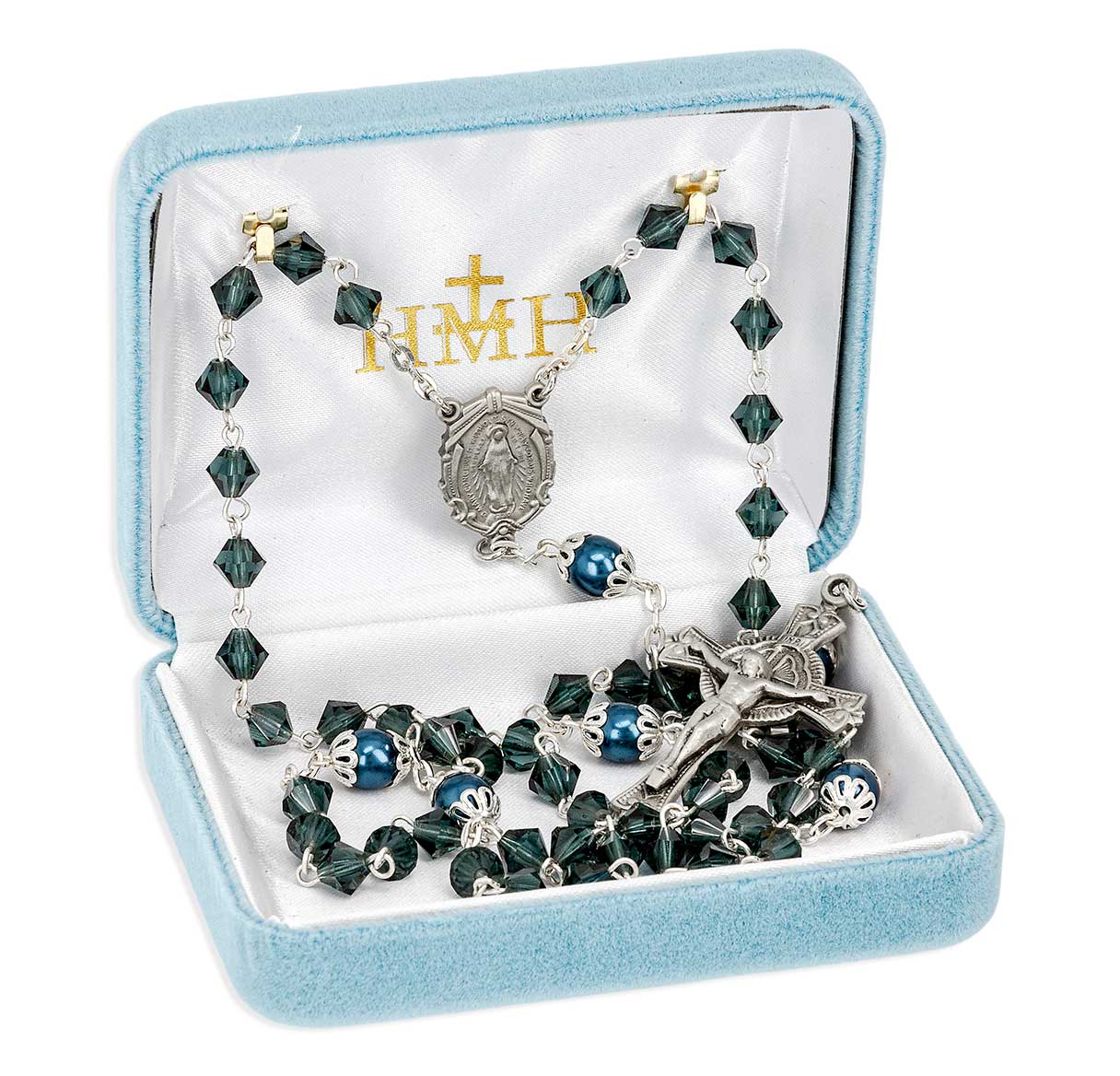 6mm Czech Crystal Bicone Midnight Blue Beads W/ Capped Round O.F Beads & Pewter Center & Crucifix
