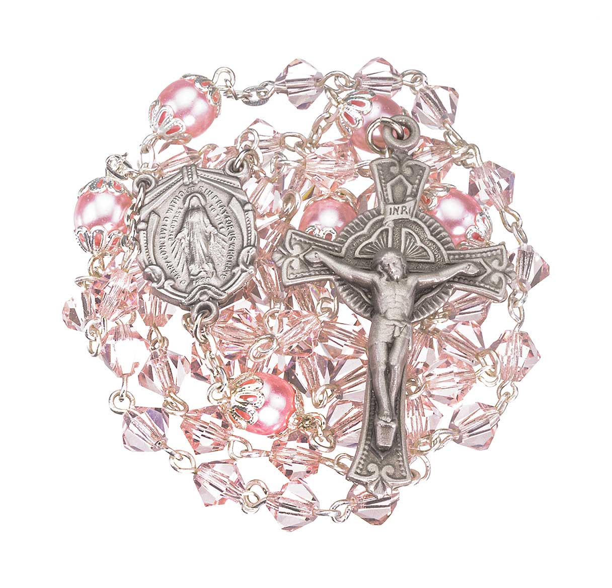 6mm Czech Crystal Bicone Pink Beads W/ Capped Round O.F Beads & Pewter Center & Crucifix