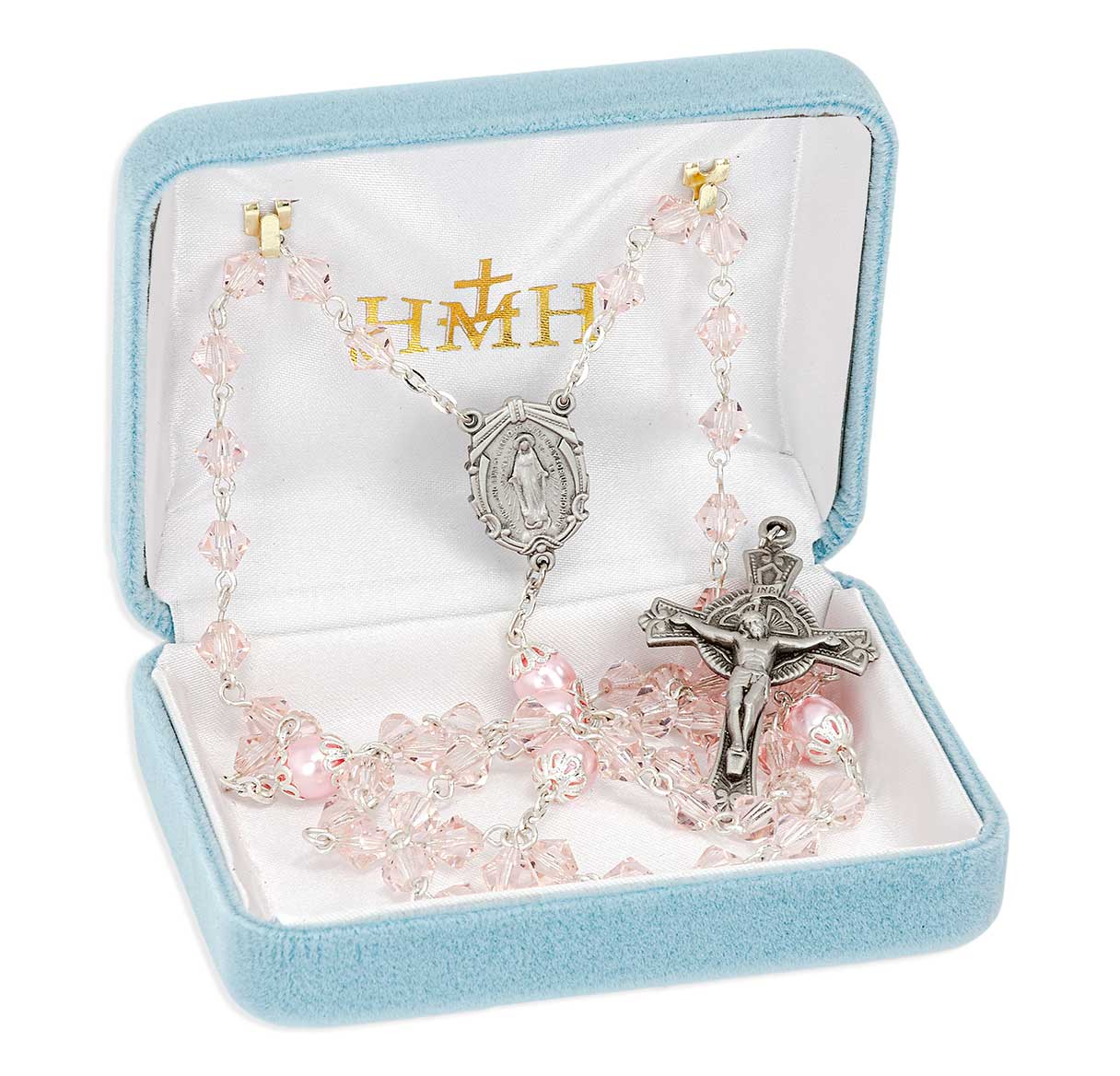 6mm Czech Crystal Bicone Pink Beads W/ Capped Round O.F Beads & Pewter Center & Crucifix